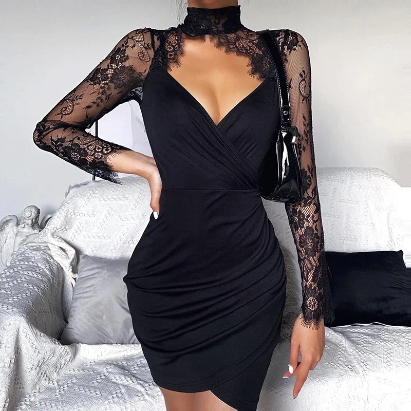 

Knitted Lace Long-Sleeved DressEuropean and American Women's Summer Black Sexy Sexy Casual Skirt