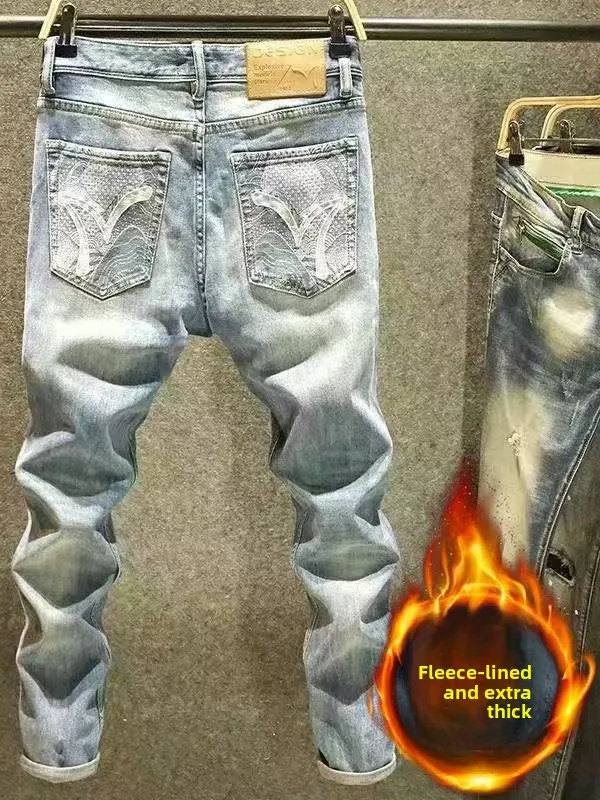 

Blue Waed Denim Jeans Men's Elastic Slim Fit Bootcut Pants Autumn Winter Fce Thiened Trendy Brand Versatile Men's Pants