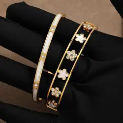 RAKOL Miniamlist Five Leaf Flower Inlay 316L 18k Gold Plated Bracelets For Women Stainless Steel Jewelry Street Style Bracelets