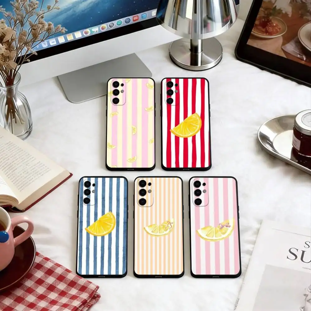 Lemon Cool Stripe Pattern Phone Case For Samsung S25,S24,S21,S22,S23,S30,Ultra,S20,Plus,Fe,Soft Silicone Black Cover
