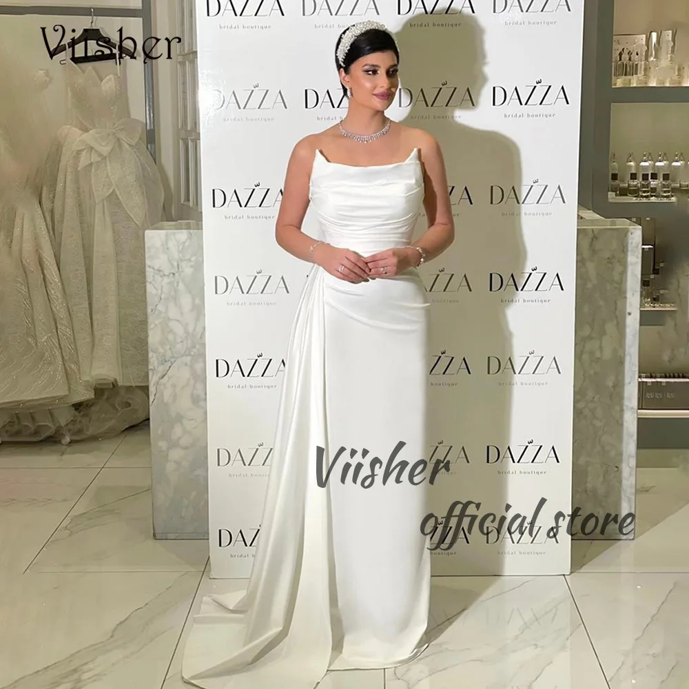 

Viisher White Pleats Satin Mermaid Evening Dresses Strapless Dubai Arabia Formal Dress with Train Long Wedding Party Gowns