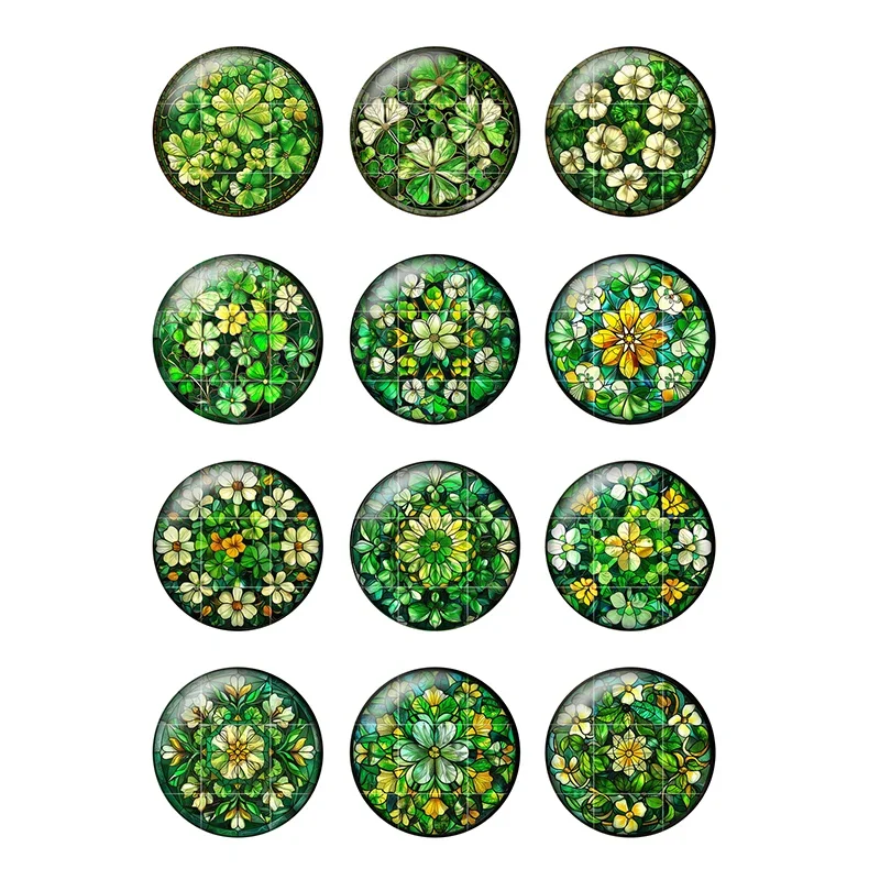 24pcs Handmade St. Patrick's Day Four Leaf Clover Patterns 8-25mm Round Photo Glass Cabochon Demo Flat Back Making Findings H341