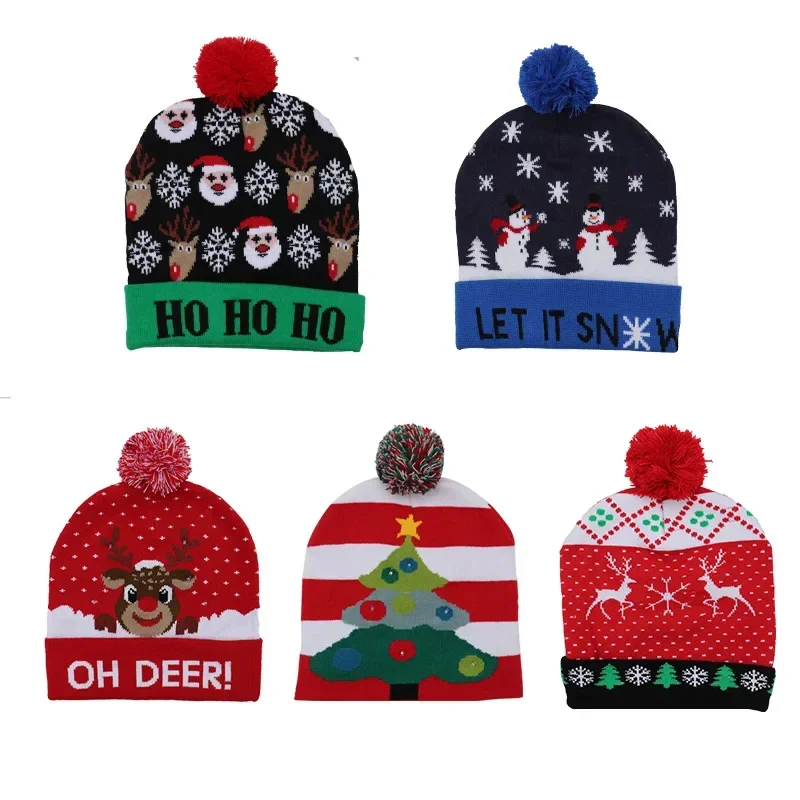 Christmas Hats With LED Light Cartoon Santa Claus Snowman Elk Knitted Xmas Soft Hat Noel Merry Christma Decoration New Year Gift
