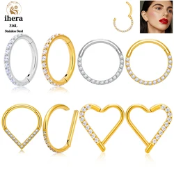 1/10PCS Stainless Steel Round Nose Ring CZ Hinged Septum Clicker Heart Earring Hoop Ear Tragus Cartilage Daith Piercing Jewelry