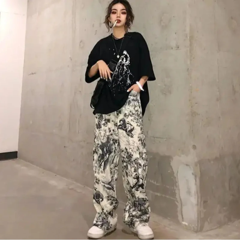 

Летние корейские INS модные персонализированные уличные китайские чернильные принты свободные широкие брюки прямые повседневные универсальные брюки для мужчин и женщин
