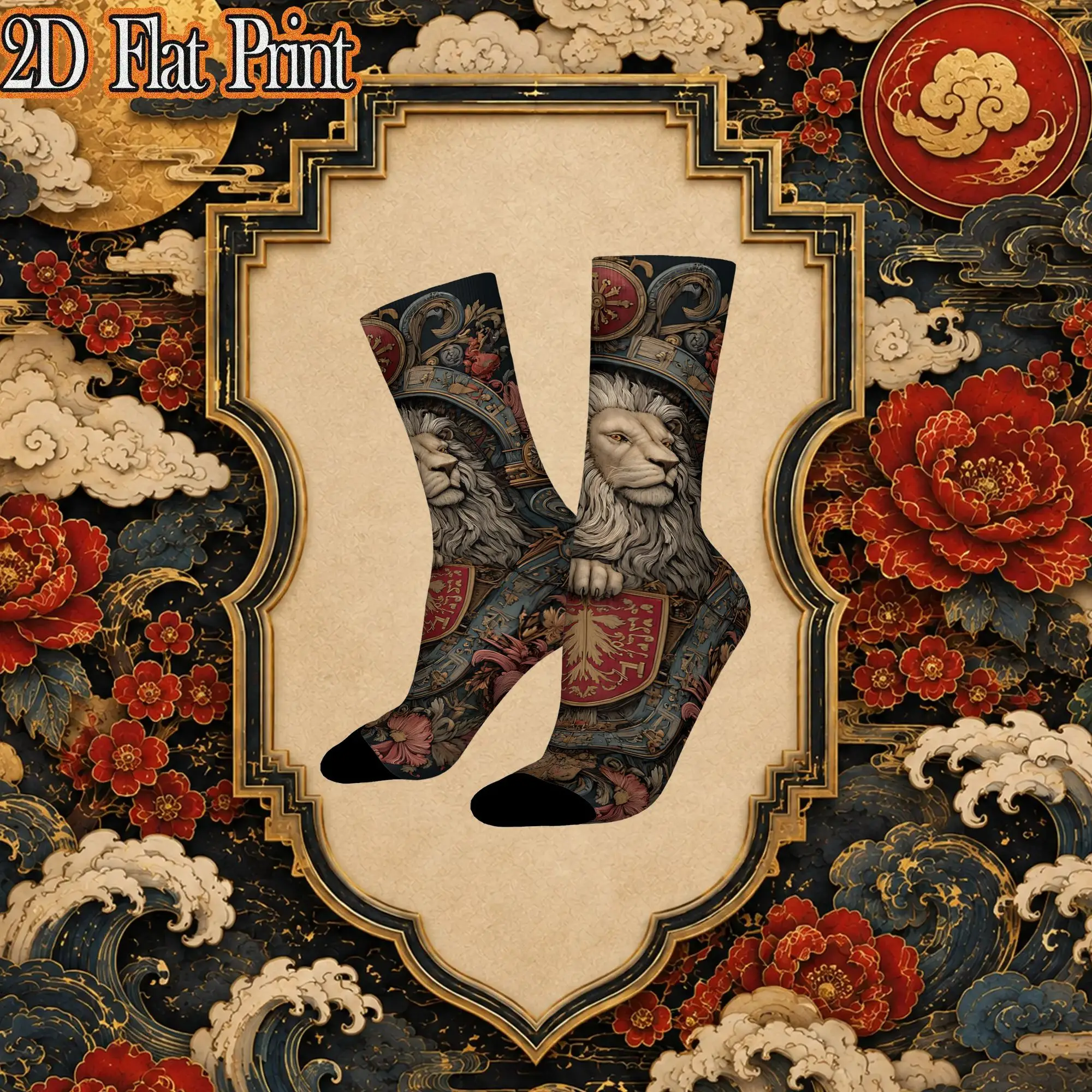 Ancient Lion Crest Ornament Graphic Vintage  Hip Hop Novelty Casual Crew Creative Sock Sports Socks