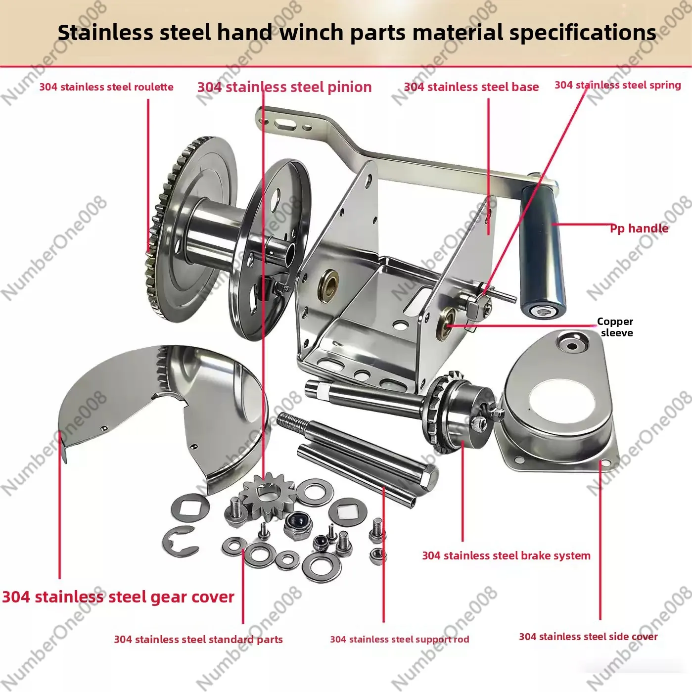 Stainless Steel Self-Locking Manual Hand Crank Winch 800LBS, Heavy-Duty Lifting Winch for Boat Trailer ATV Jeep