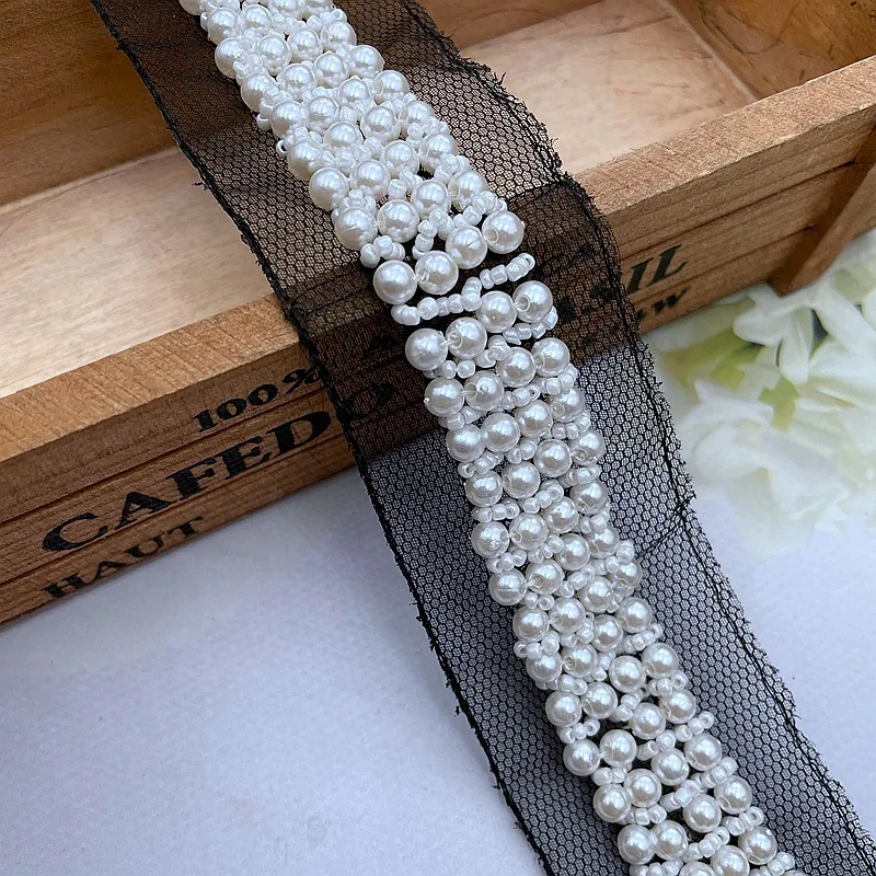 5Meters Pearl Beaded Lace Ribbon Tape Lace Fabric Trim Embroidered Collar Decoration Cotton Lace Fabric Net Cord For Sewing