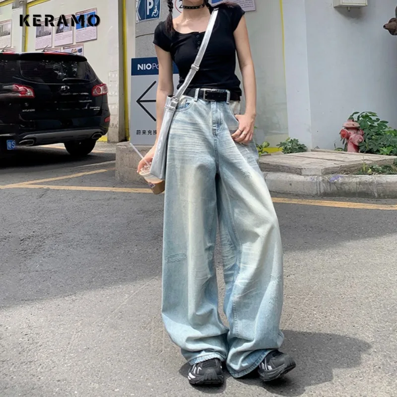 Calções de ganga largas femininas, Cintura alta, Solto, Azul claro, Retro, Harajuku, Monocromático, Casual, Verão, Anos 2000, 2024