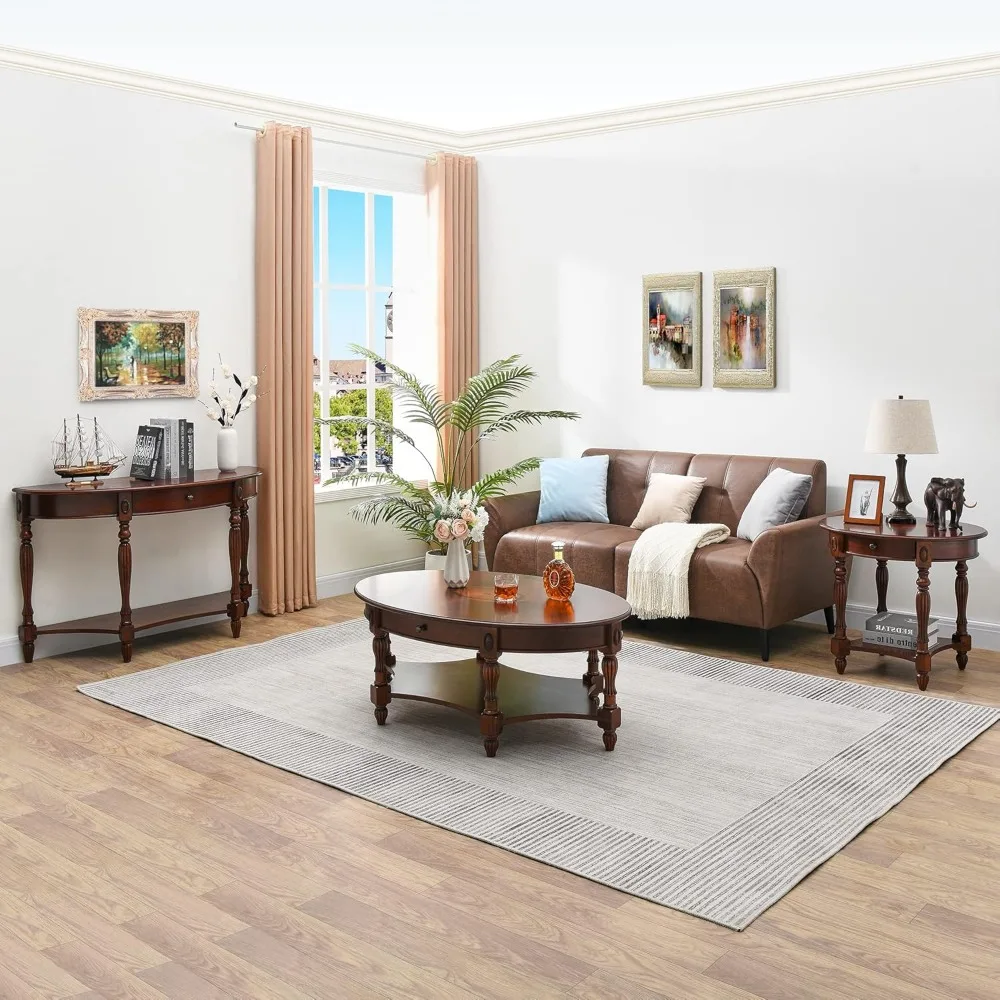 طاولة قهوة من الخشب الصلب مع درج ورف تخزين، شاي كوكتيل تقليدي لغرفة المعيشة، جانب منحوتات مركزية بيضاوية #6