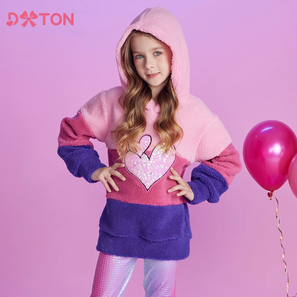 DXTON Winter Children Hoodies Girls Sweatshirts Polar Fleece Pullover Kids Sport Hooded Tops Heart Sequin Girls Casual Clothing