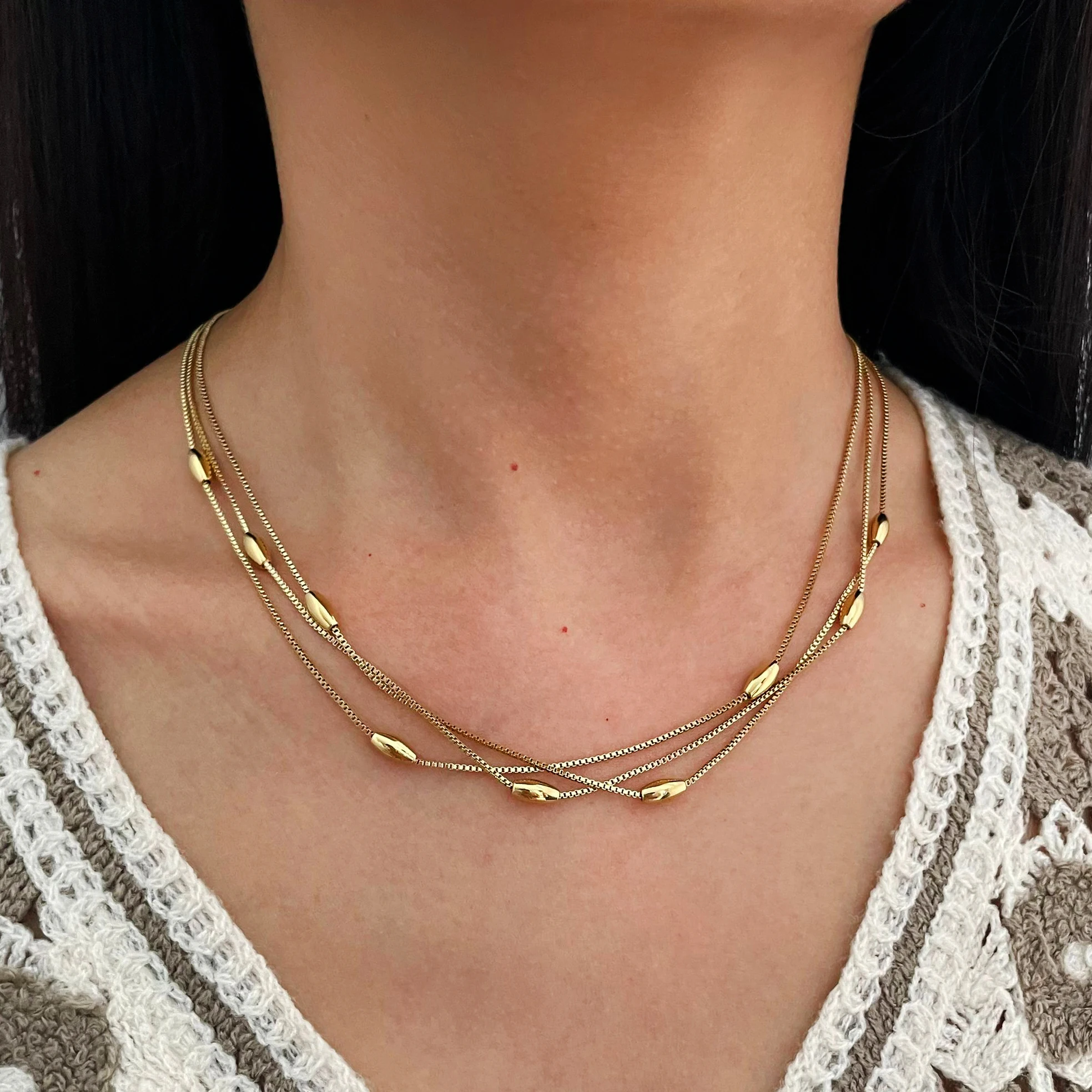 Peri\'sbox Dainty Triple Layered Clavicle Chain Oval Beads Necklace Unique Design Stainless Steel Waterproof Trendy Women Jewelry