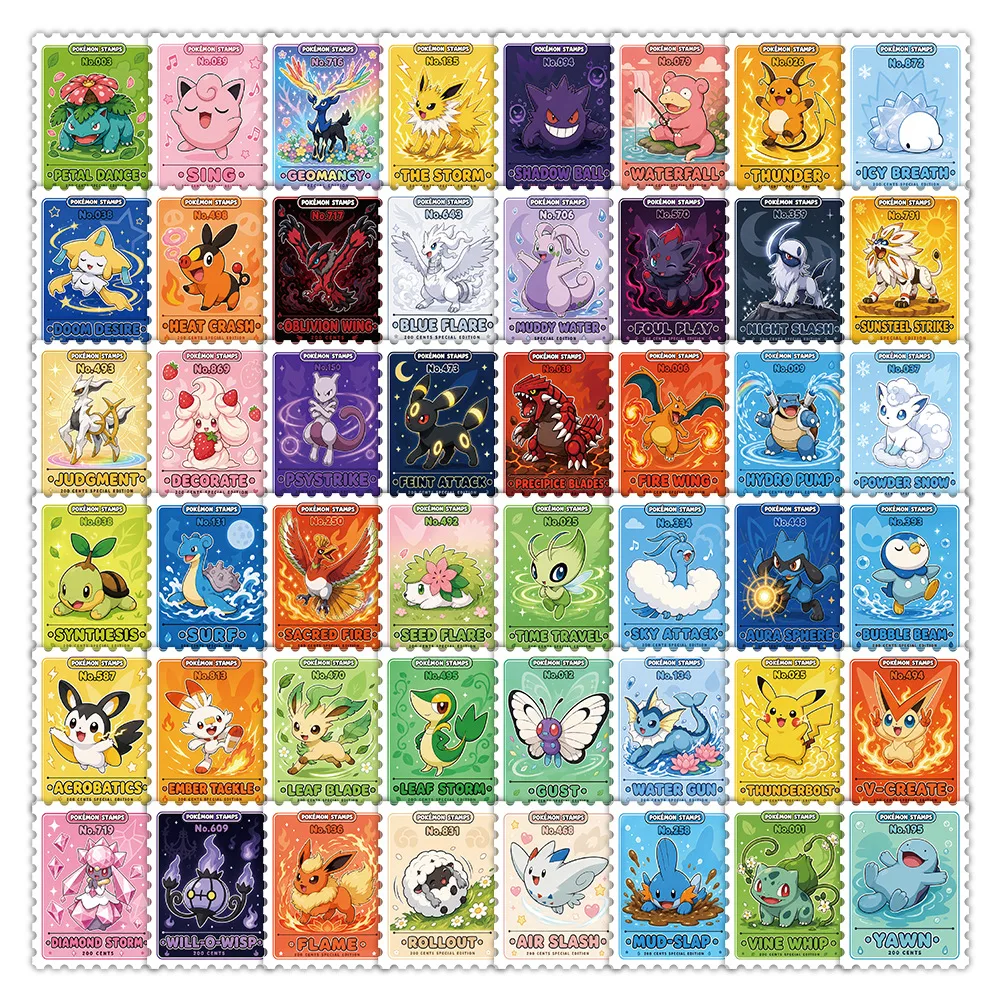 Pocket Monsters Pokémon 60PCS Stamp Stickers Decorative Cute Cartoon Stickers Waterproof Stickers DIY Scrapbook, Envelope Sea