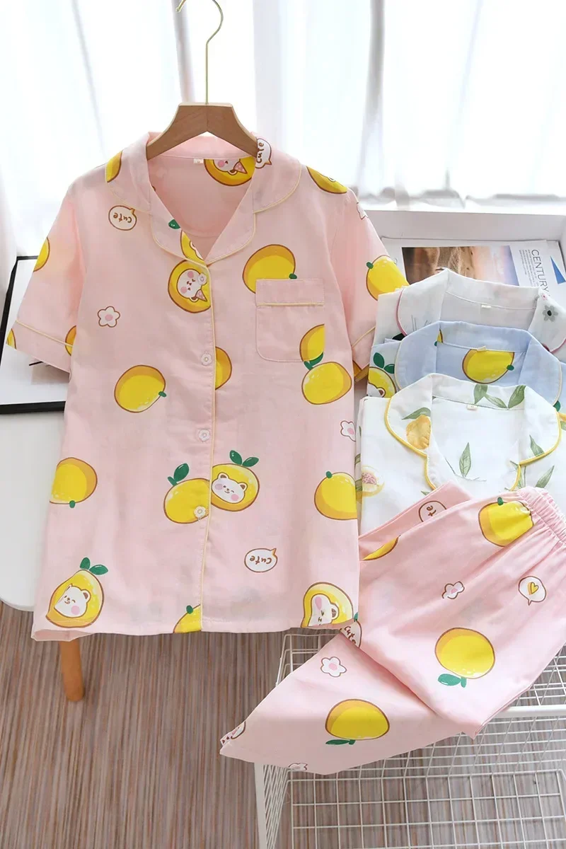 2026 Japanese style simple short women female 100% cotton gauze short sleeve trousers ladies pajamas suit cute pajamas sets home