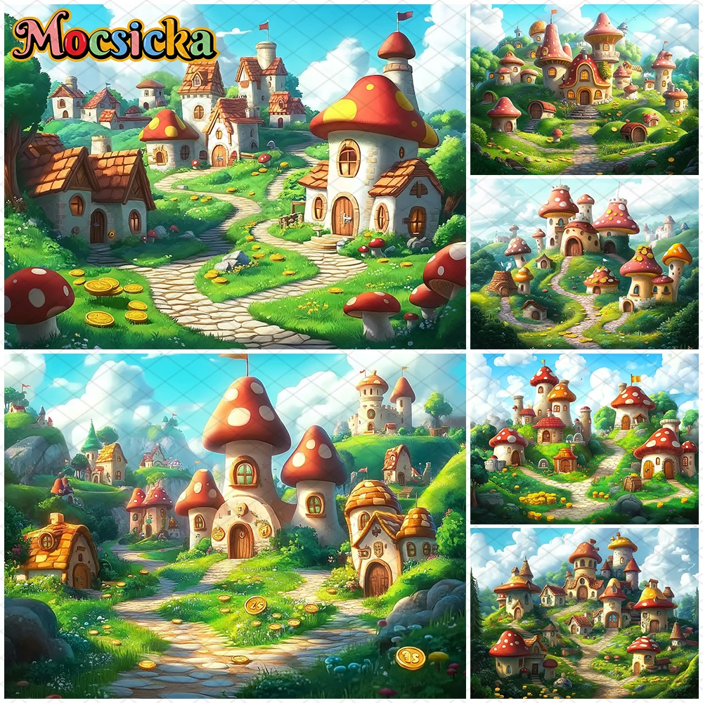 

Mocsicka Mushroom House Photo Background Spring Green Grassland Mountain Gold Coin Decoration Easter Kid Birthday Party Backdrop