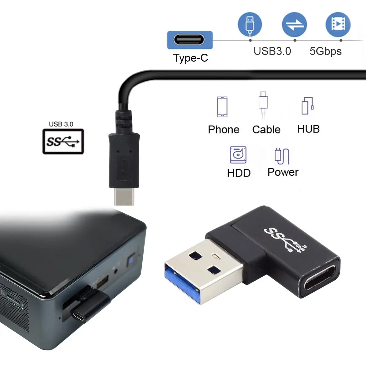 NNBILI 90 degree right angle USB A male to USB C Female USB 3.0 3.1 Adapter 10Gbps data transmission for Samsung S23 S22 Macbook