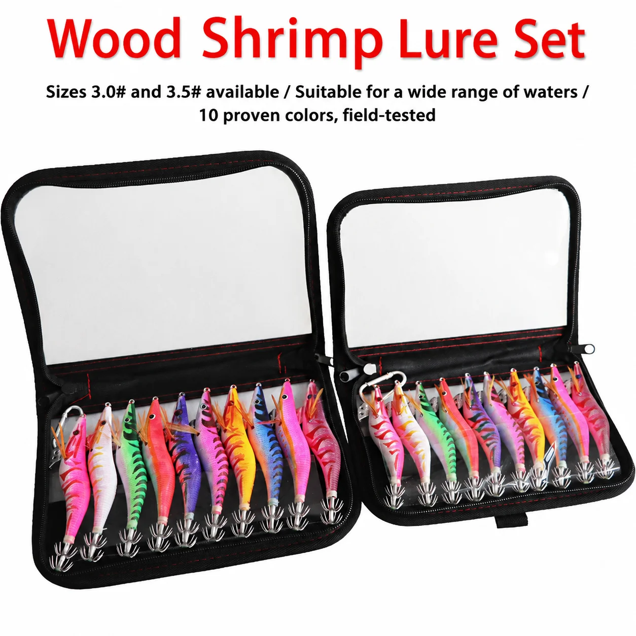 10Pcs 3.0# 3.5# Glow Tail Squid Jig Lure Set Realistic Wood Shrimp Artificial Bait Umbrella Hook Cuttlefish Fishing Tackle Bag