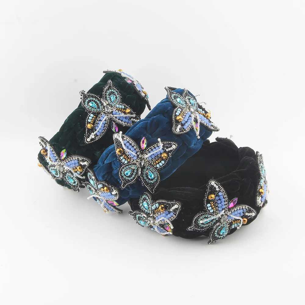 European and American New Velvet Braided Rice Bead Diamond Butterfly Headband High-end Ball Party Hair Accessories for Women