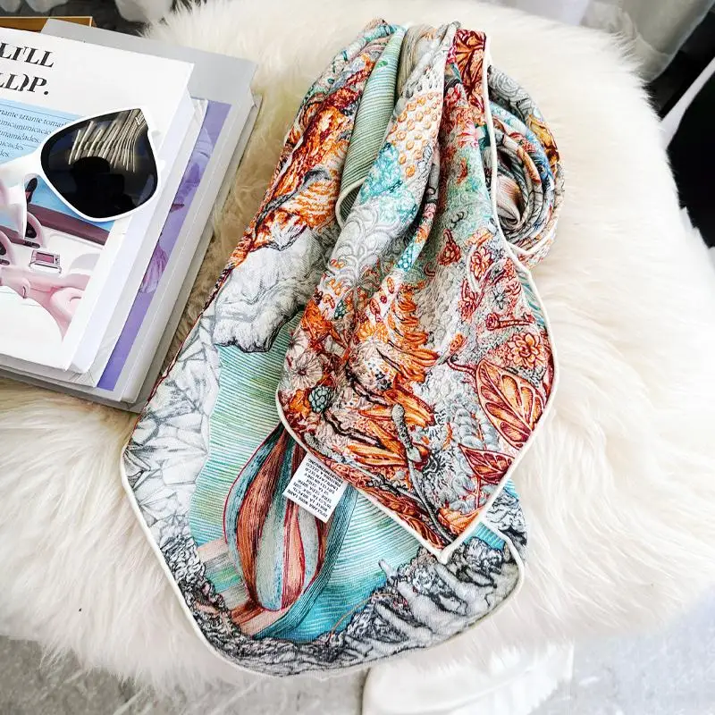 Double Sided Silk Wool Scarf 85CM Winter Luxury Hand Rollerd Shawls Women Square Bandanas Scarves Mother Christmas Gift