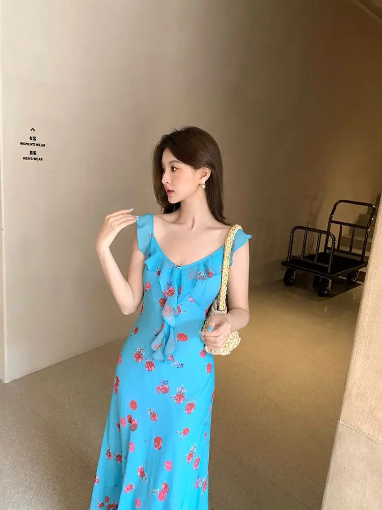 Vestidos sem mangas das mulheres alternativa primavera seda pura perspectiva transparente ditsy em camadas piquenique fluindo pastoral natureza y2k