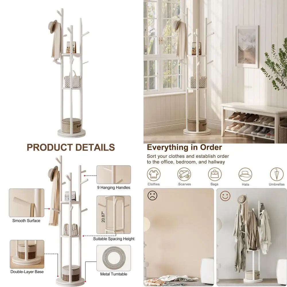 White Freestanding Wooden Coat Rack with 3 Shelves & 9 Hooks for Home, Perfect for Coats, Scarves & Bags