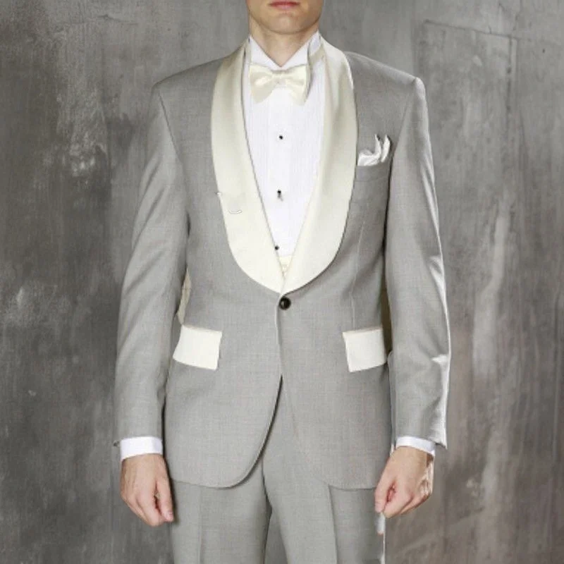 Costumes de mariage gris clair pour hommes avec revers châle ivoire, coupe couvertes, smoking, marié, meilleur homme, olympiques Terno, veste avec pantalon