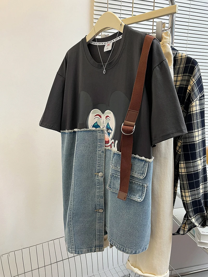 

Свободная корейская футболка с коротким рукавом для женщин, уникальный дизайн, повседневный хлопковый топ с джинсовыми вставками, универсальная летняя модная вещь