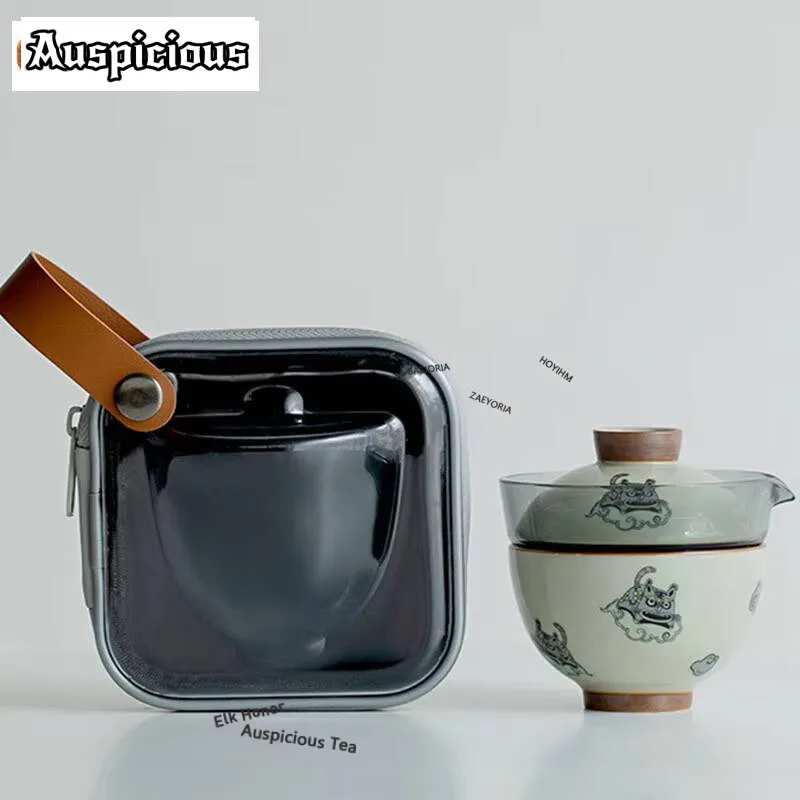 Boutique Tiger Ceramic Travel Tea Set Portable Retro Outdoor Teaware Upscale Crack Cup Porcelain Kung Fu Tea Set New Years Gift