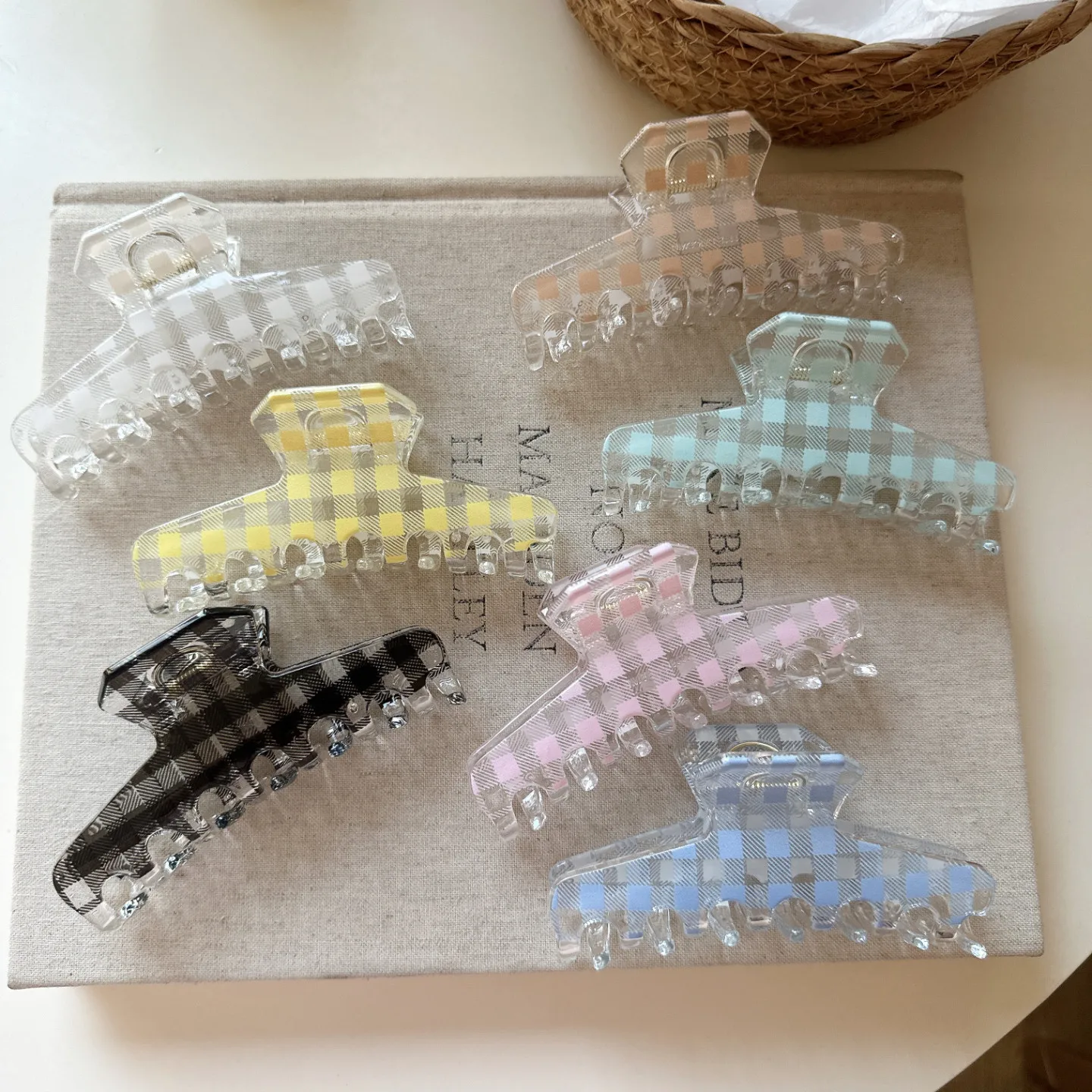 Korean Style Ice Clear Grid Hair Claw Clip Colorful Plaid Design for Women Half Updo Back of Head Sturdy Acrylic