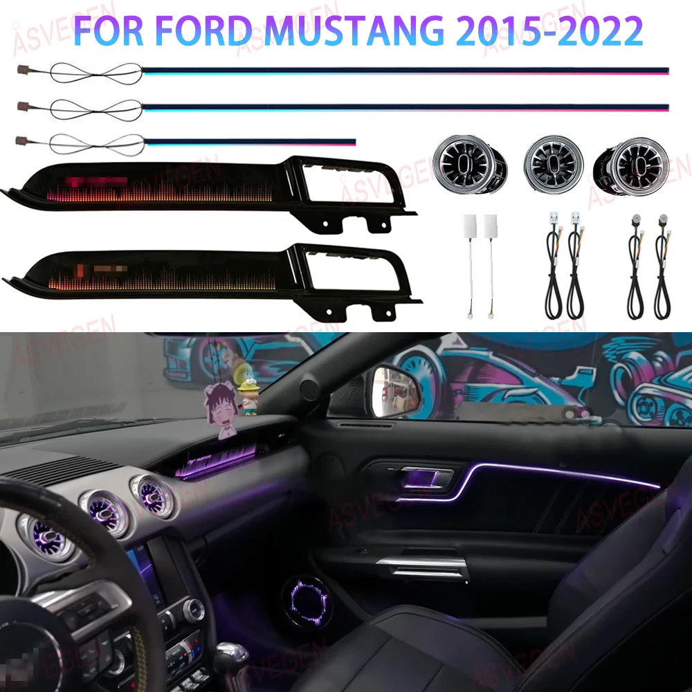 Rainbow RGB Ambient Light For Ford Mustang 2015-2022 Passenger Trim Kit 13 LEDs App Screen Control Interior Neon Decorative Lamp