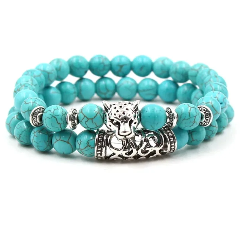 Set Natural Turquoise Stone Hand Carved 10mm Round Bead Bracelet Fashion Boutique Jewelry Men's and Women's Set Bracelet