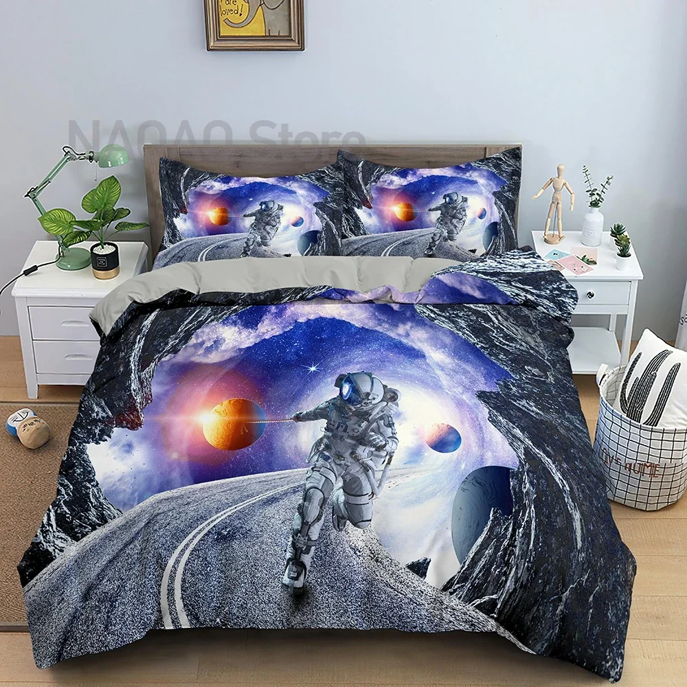 Space Astronaut Bedding Set 3D Outer Space Duvet Cover Queen King Size Cartoon Spaceman Blue Galaxy 2/3PCS Polyester Quilt Cover