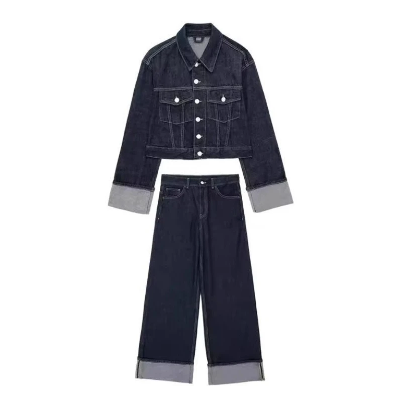 

Осень 2025 г. Женский винтажный джинсовый костюм с длинными рукавами, однобортное пальто с лацканами и широкие джинсы с высокой талией, комплект уличной моды