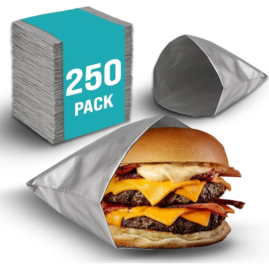 

250 Pack Aluminum Foil Hamburger Bags GreaseResistant Burger Wrappers for Hot Sandwiches Paninis BBQ Pretzels More BPAFree Disp