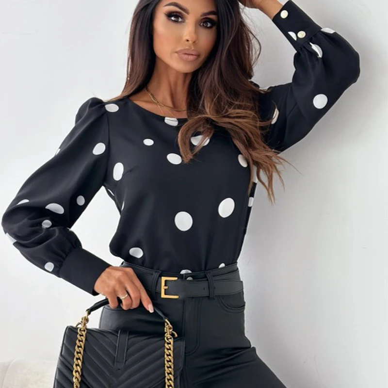 Fashion Polka Dot Long Sleeve Pullover Women's Elegant Slim  O- Neck Bottom Shirt Autumn Office Casual Hollow Blusa Streetwear