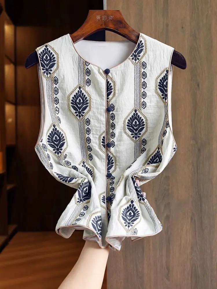 المطرزة الرجعية سترة المرأة النمط الصيني Vintage سترة بلا أكمام الرجعية القمم الإناث الخريف موضة جديدة