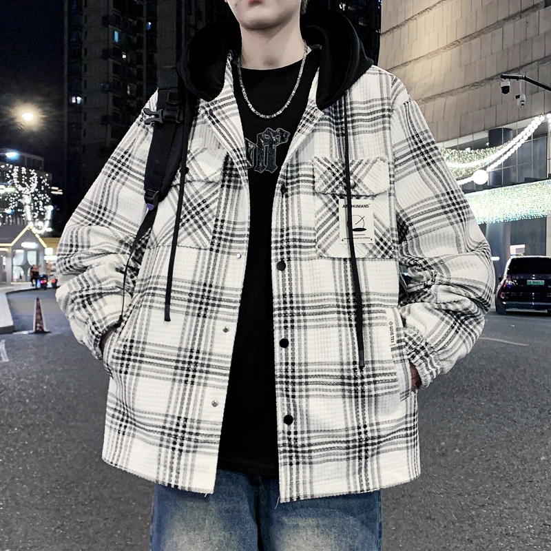 

Модная клетчатая куртка с капюшоном для подростков, повседневная верхняя одежда на весну, полиэстер, длинный рукав, застежка на пуговицах
