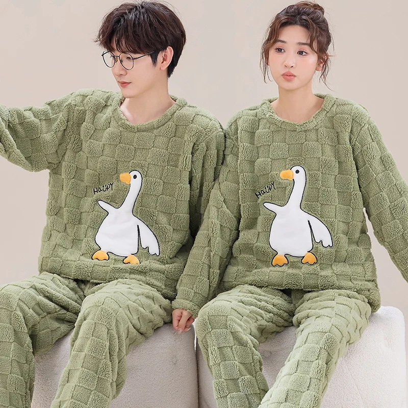 Couples Nightgown Thick Coral Fleece Men\'s Tops + Pants 2pcs Animal Cartoon Pajamas Women Flannel Home Service Lovers Homewear