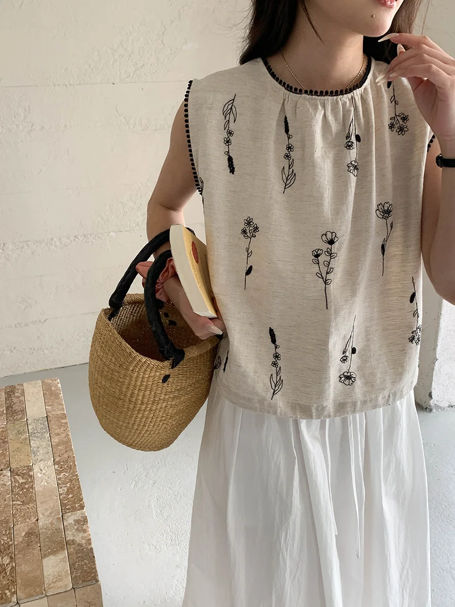 夏カジュアル花刺繍oネックリネンノースリーブシャツ女性は両面着用