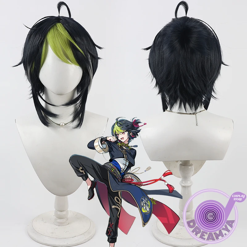 

Inami Rai Cosplay Wig Vtuber Black Green Short Synthetic Hair Heat Resistant Halloween Role Play Party Carnival + Free Wig Cap