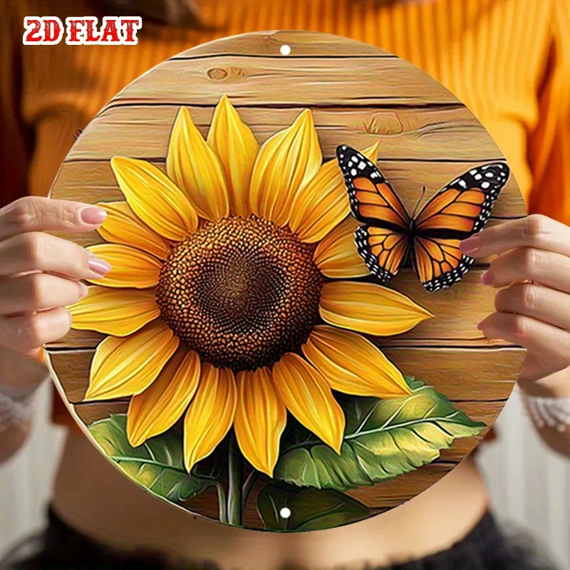 2D Flat, Yellow Bloom Round, Nature Scene Metal Sign, Butterfly Sunflower Metal Wall Decor, Wall Decor Signs for Home, Garage