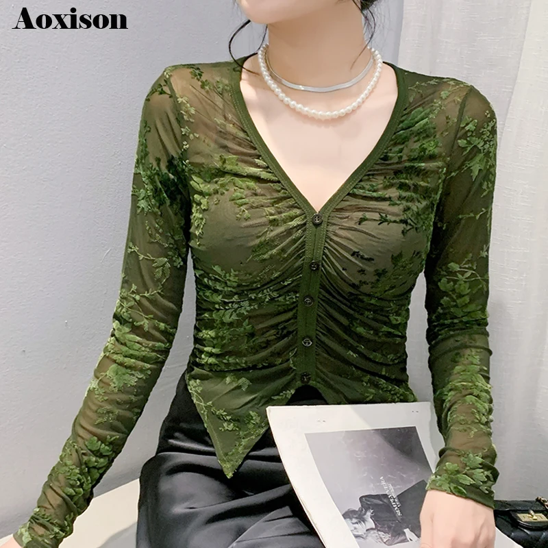 2024 Autumn V-neck Splicing Mesh Burnt Flocking T shirt Button Long Sleeve Women Tees Slim Fit Wrinkle Mesh Tops