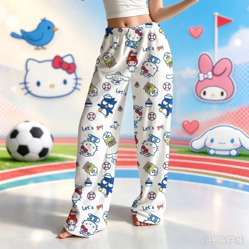 Kawaii HelloKitty Nautical Flannel Pajama Pants Cartoon Sports Print Womens Wide Leg Soft Fleece Sleepwear Home Trousers Gift