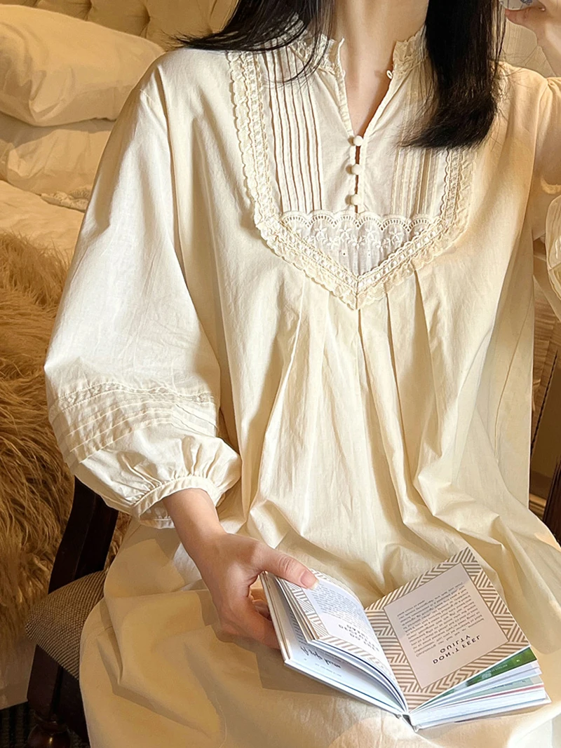 Victorian Vintage Nightdress Pure Cotton Fairy Loose Romantic Long Sleeve Spring Summer Princess Lace Pajamas Women Sleepwear