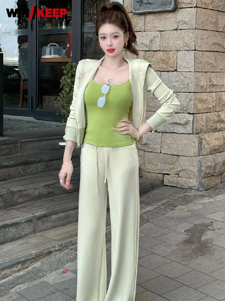 Women Tracksuit Three Piece Set Slim Long Sleeve Hooded Jacket Camis High Waist Wide Leg Pants Running Sports 3pcs Sportswear