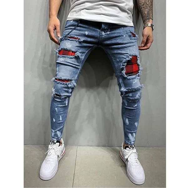 2025 Jeans Pencil Pants Holes Distressed Men Streetwear Denims Patchwork Mid Waist Slim Fit Washed Denim Ankle Length Trousers