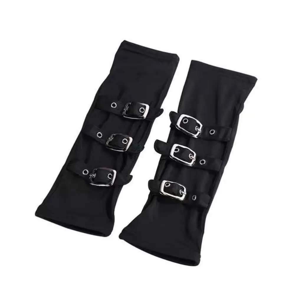 Black Fingerless Gloves Buckle Design Exaggerated Punk Style Elbow Gloves Gothic Hip Hop Party Metal Button Gloves