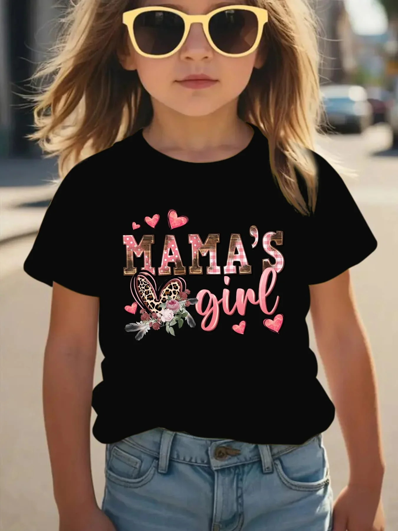 Girls Mamas Girl Graphic T Shirt Leopard Heart Floral Print Short Sleeve Kids Casual Cute Daily Wear Top