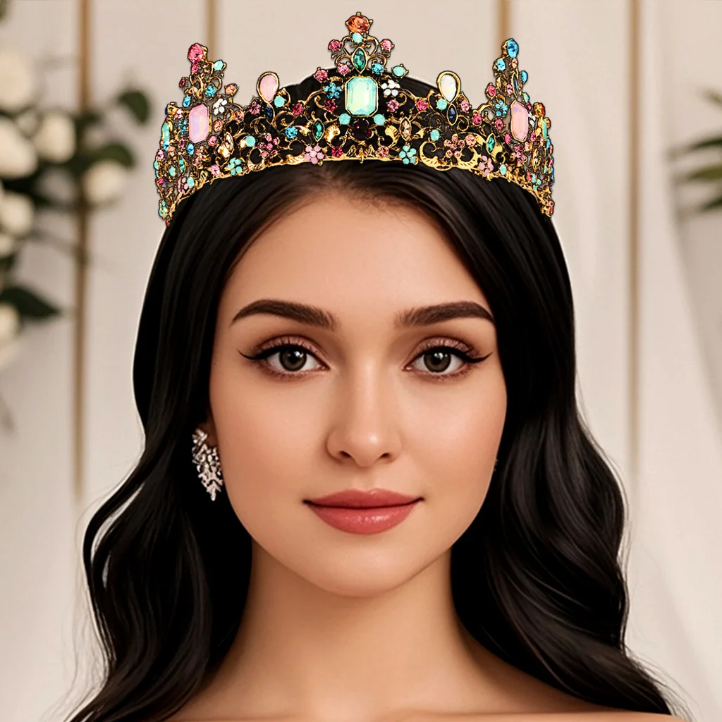 

Fashion Colourful Rhinestones Heavy Duty Handmade Crown Luxury Princess Tiara Bridal Wedding Elegant Crown Headband