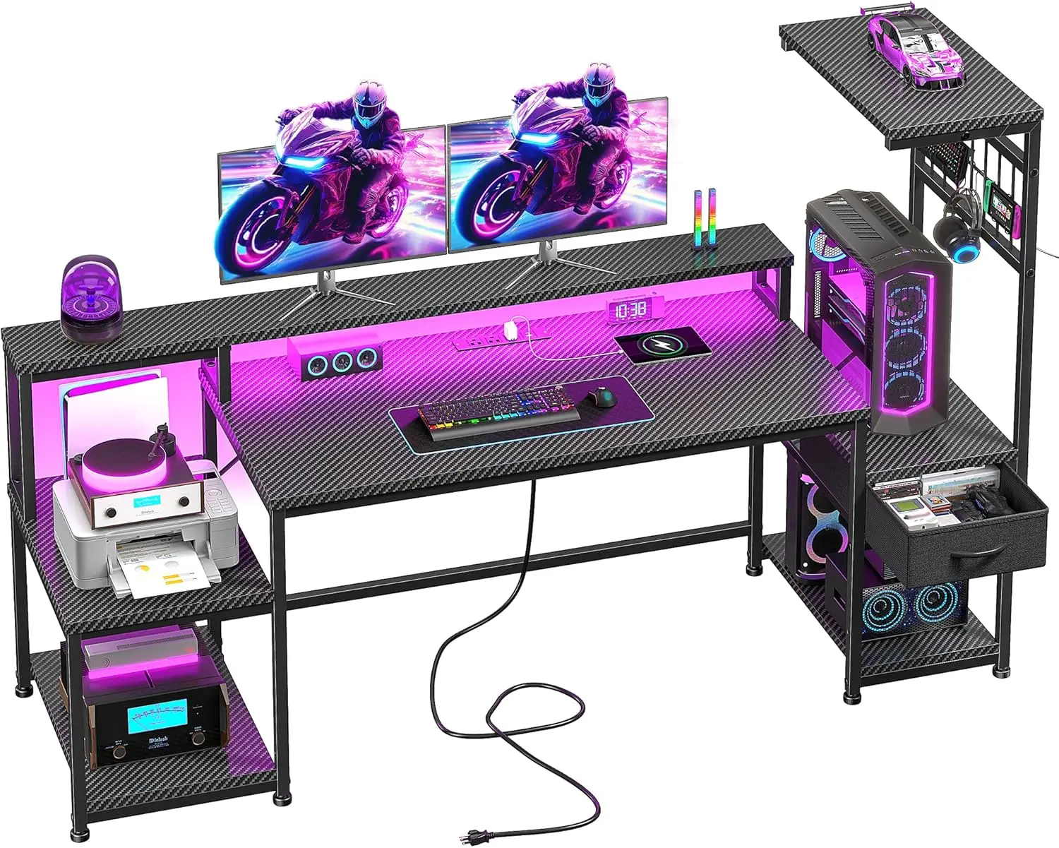 

63" Gaming Desk with LED Lights & Outlets,Computer Desk with Drawers & Monitor Stand,Gaming Table with Storage Shelves & Printer